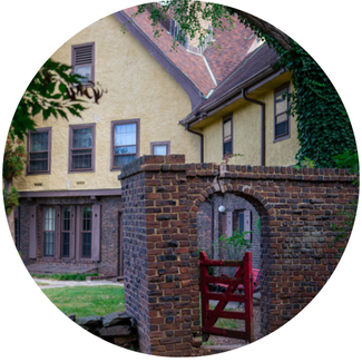 front entrance with red gate