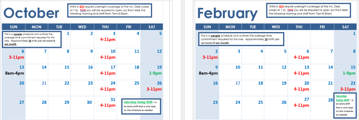 Sample two month schedule calendar