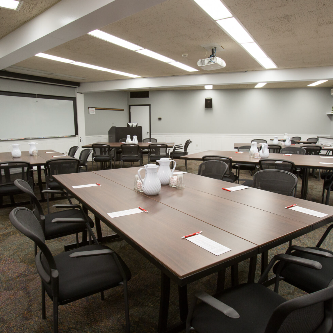 conference room A set up with tables and chairs for next meeting